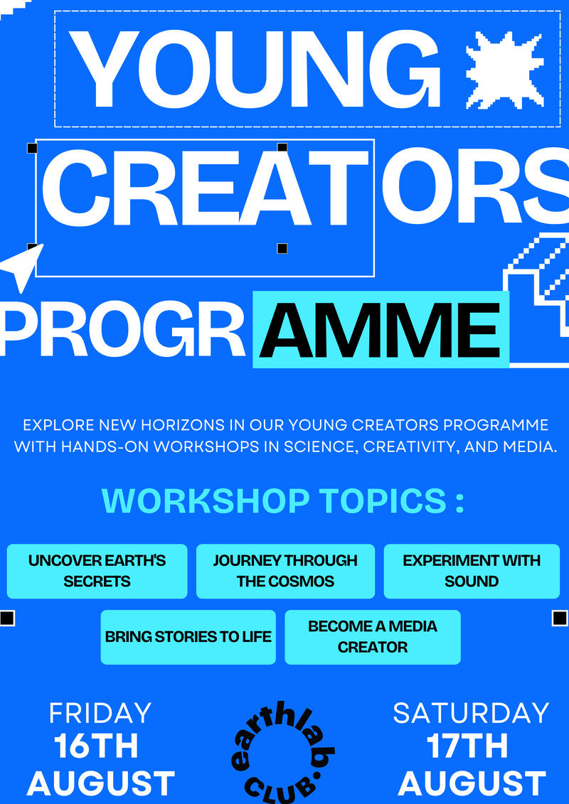 Promotional poster for Young Creators Programme with workshop topics and dates on a blue background