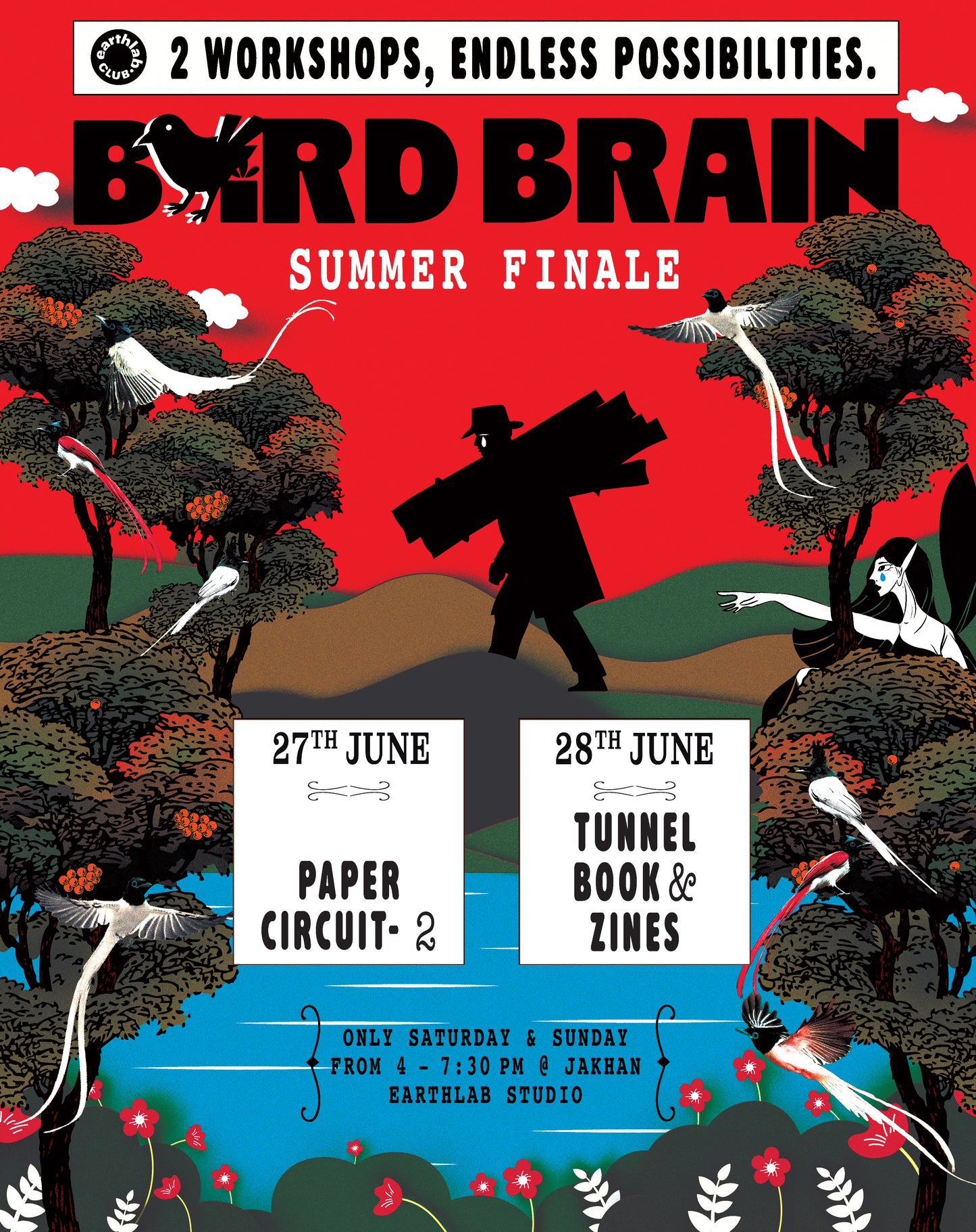 Promotional poster for Bird Brain workshops with a red background and black and white illustrations.
